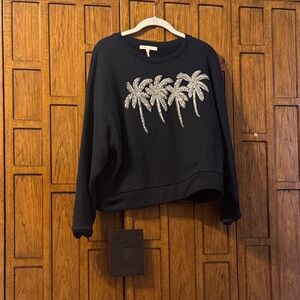Black Sweatshirt with Silver Palm Tree Design M